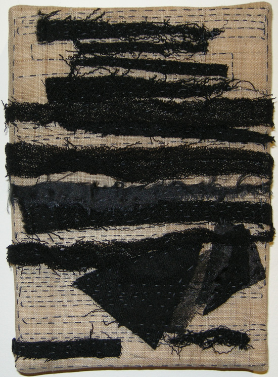 Striation (2011) Fiber:  stitched cloth remains onto hemp, 5” x 7”