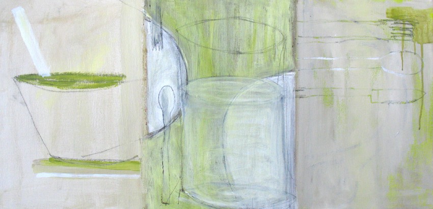 Tryptic with green Drips (2008) acrylic on canvas with graphite, 15&quot; x 30&quot;